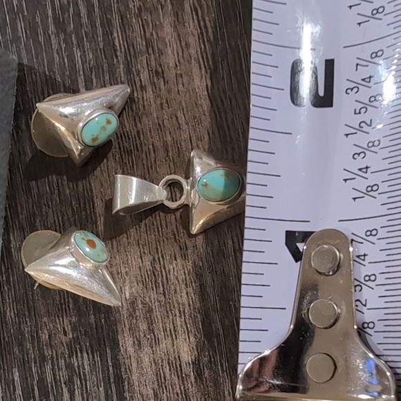 Artisan Turquoise and Silver Triangle Pendant with Clip-On Earrings - Picture 2 of 5